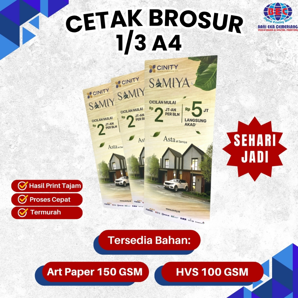 

CETAK BROSUR 1/3 A4 ART PAPER 150 GSM HVS 100 GSM FULL COLOR TERMURAH SEHARI JADI