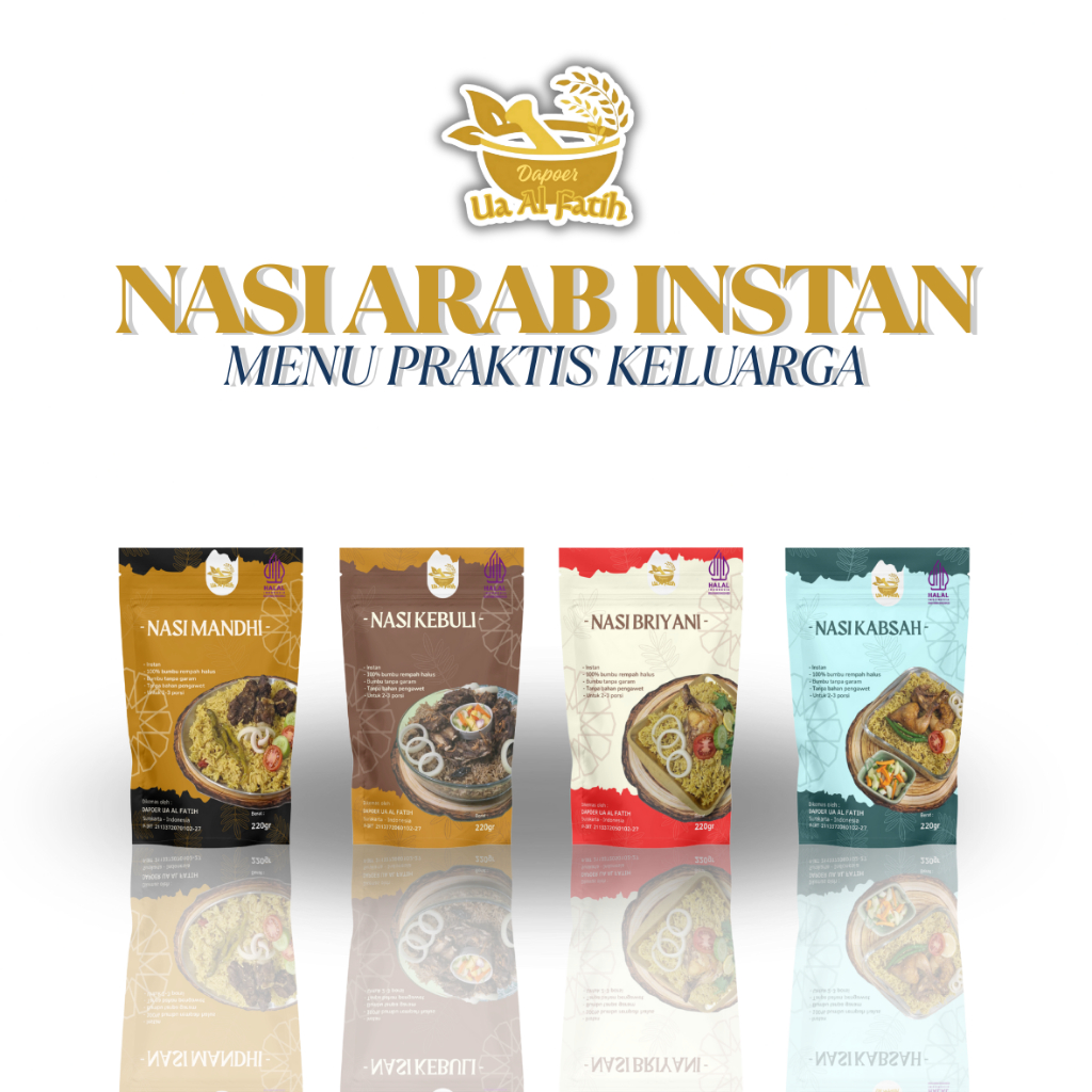 

satu paket isi empat varian rasa nasi arsb instan kebuli briyani mandhi kabsah