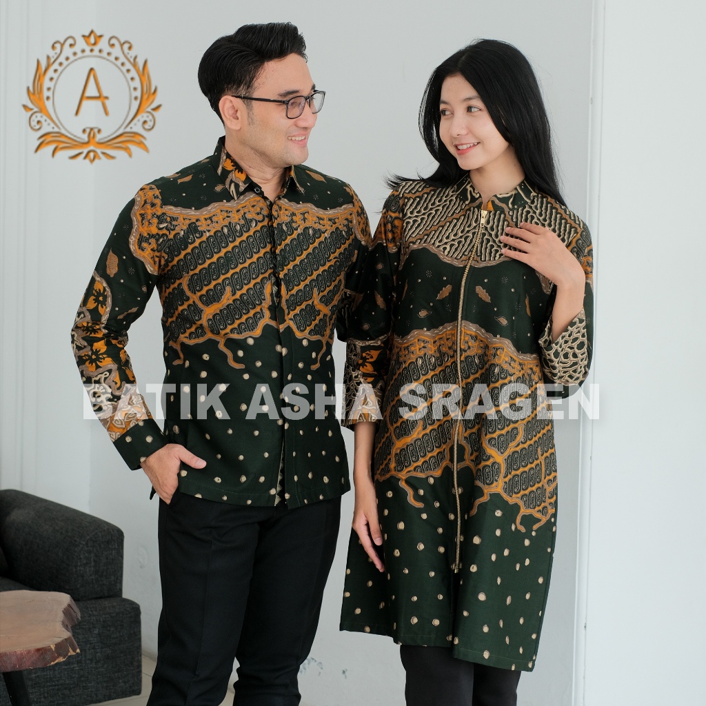 Batik Asha - Batik Premium Couple Set Kemeja Dan Tunik - Motif Singkawang - Warna Hijau Army - Bisa 