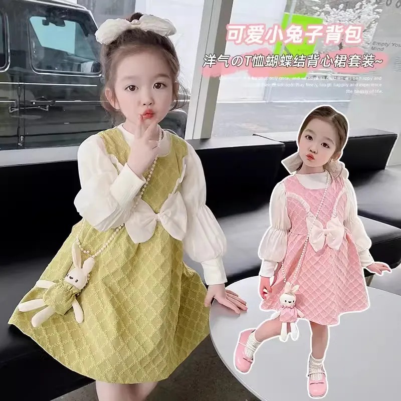 DRESS LENGAN BALON 2IN1 MODEL TANGAN SERUT VARIASI PITA DADA FREE TAS BONEKA | DRESS WAFFLE FREE TAS