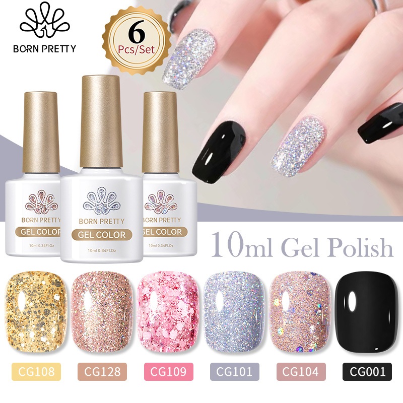 BORN PRETTY Pink Black White Glitter Gel Nail Gel Polish Set 10ml 6 Botol Kutek Gel Set Nail Gel Set