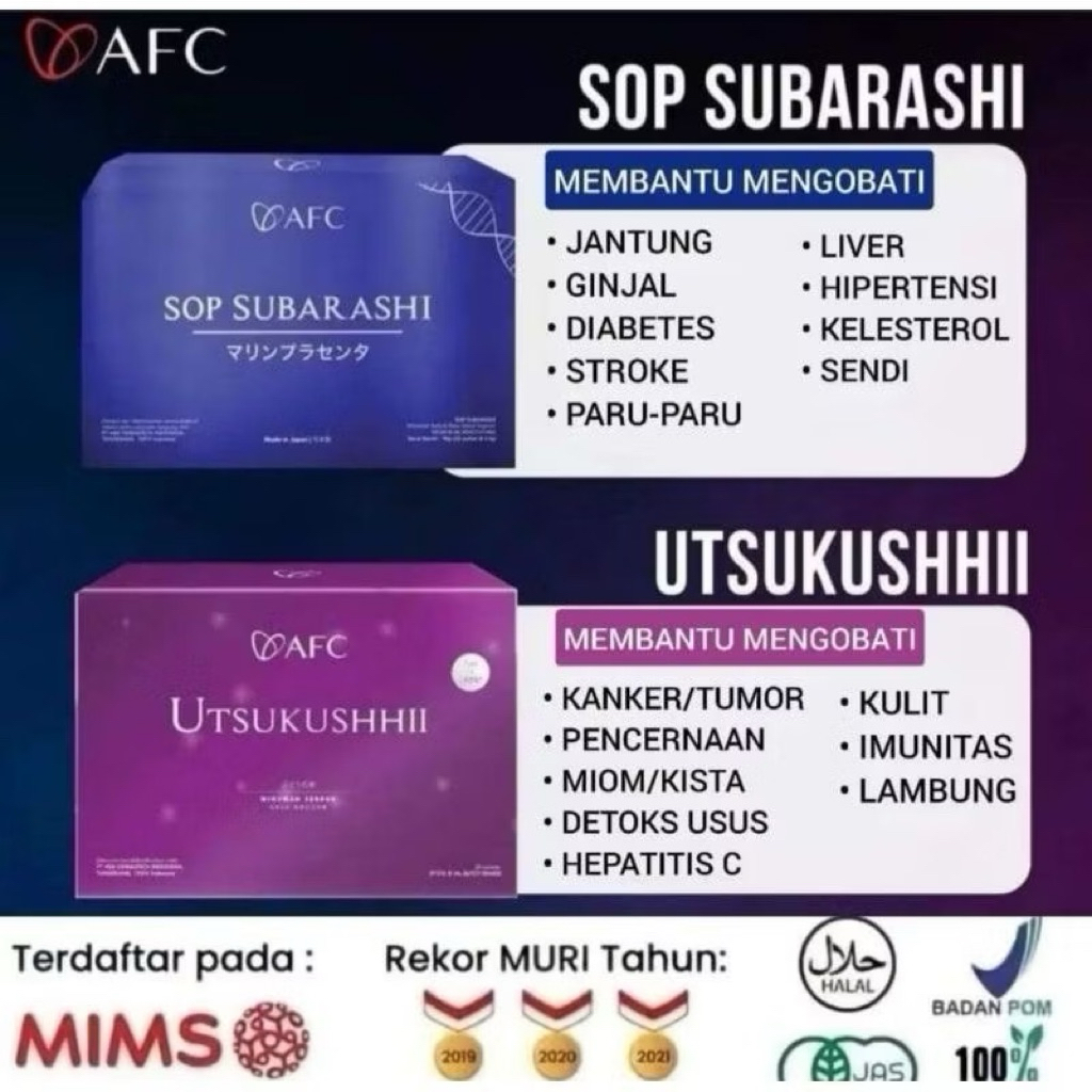 

[PROMO] 1 BOX AFC SOP SUBARASHI UTSU GOLD HIKARI Suplemen Jantung Kista Kanker Diabetes Stroke Vitamin Mata & Otak Made in Japan Superfood Original