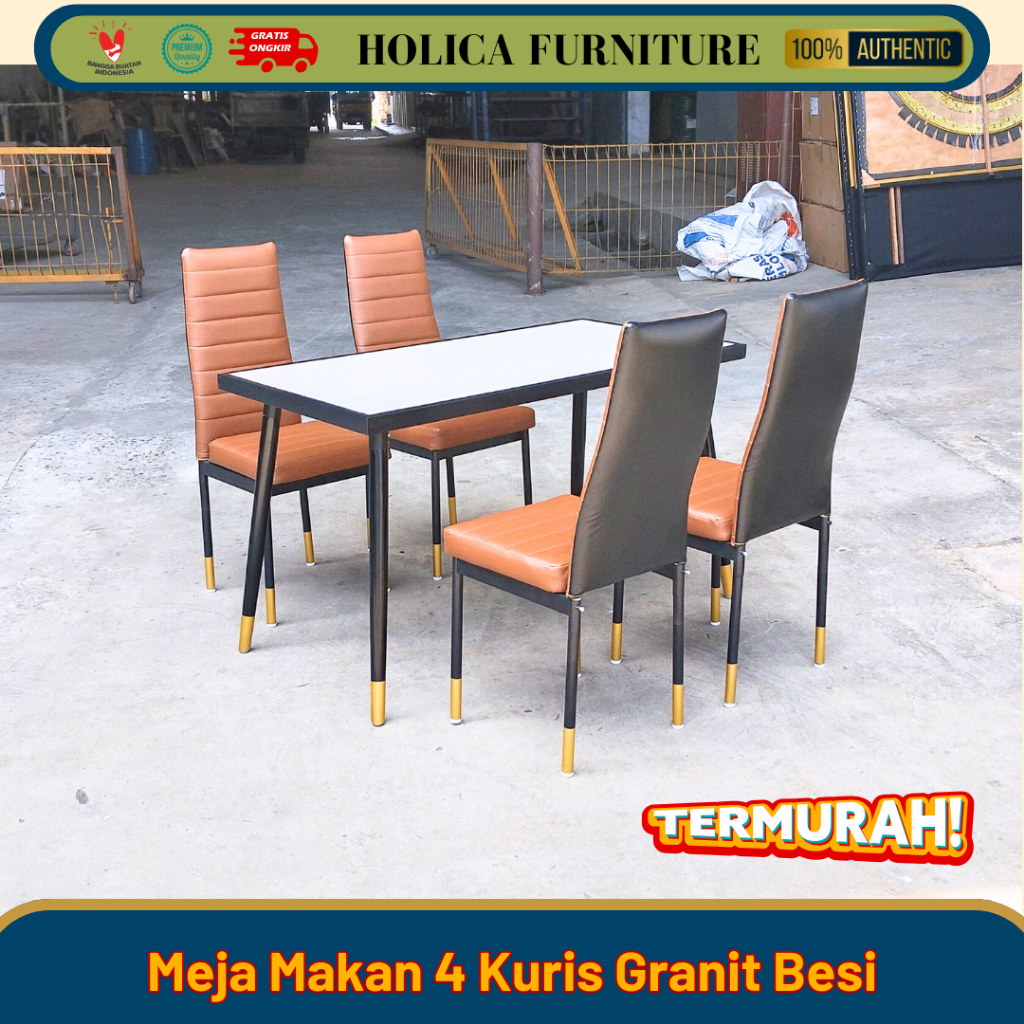 Meja Makan Granit Kaki Besi + 4 Kursi
