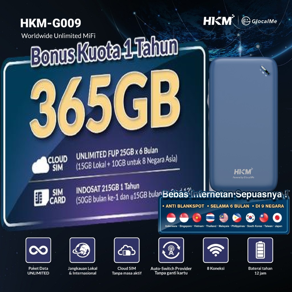 Modem Wifi 4G HKM Glocalme G009 Unlimited 6 Bln 9 Negara + Indosat Tri 215GB 1th