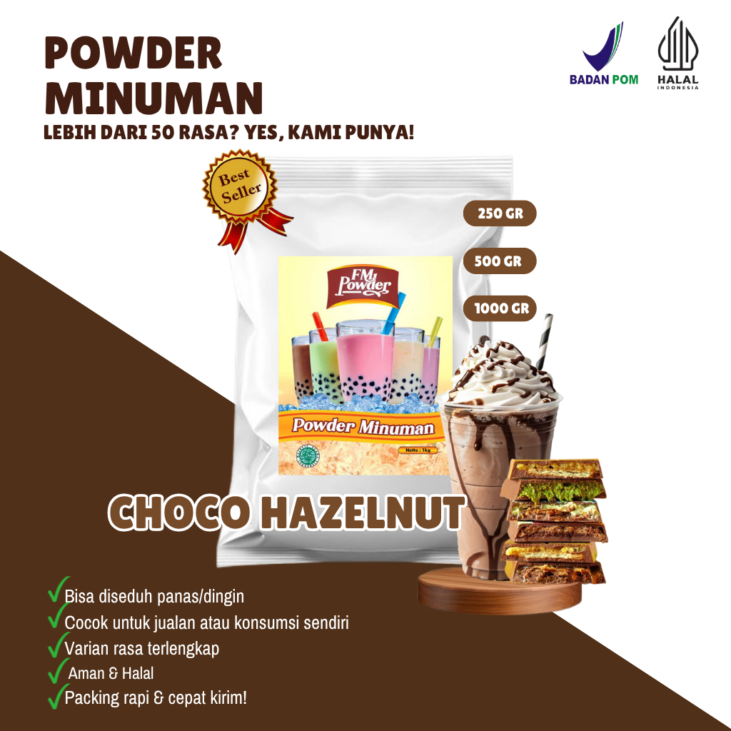 

COCHO HAZELNUT Fm Powder Drink - Bubuk Minuman Instan Varian Rasa Coklat Kemasan 500gr dan 1000gr(BPOM&HALAL) Minuman Praktis, Harga Hemat, Rasa Fantastis