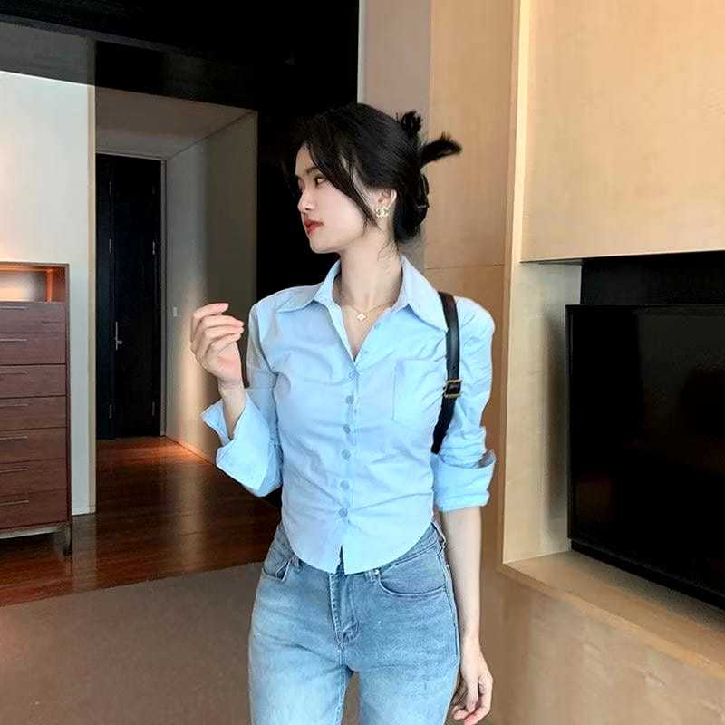 DISKON KEMEJA CROP TOP KOREAN STYLE KEMEJA WANITA LENGAN PANJANG / KEMEJA CROP TOP LENGAN PANJANG