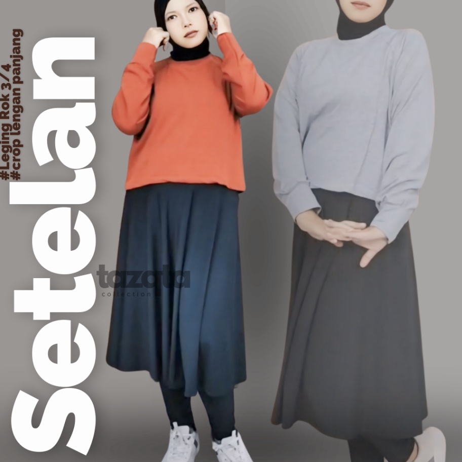 Setelan Olahraga TAZQTA Mix Leging  Rok Bawah Lutut Crop Kaos Tg Panjang Legging Rok Payung Sporty