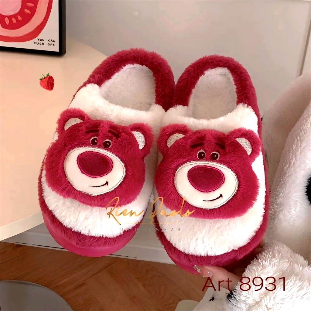 Sandal Bulu Wanita Slipper Sendal Kamar Rumah Fruit Orange Strawberry Panda Bear Cute Lucu Tebal Hal