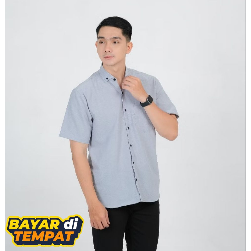 kemeja pria lengan pendek warna hijau botol abu muda biru muda sage denim lemon motif polos Hem pria