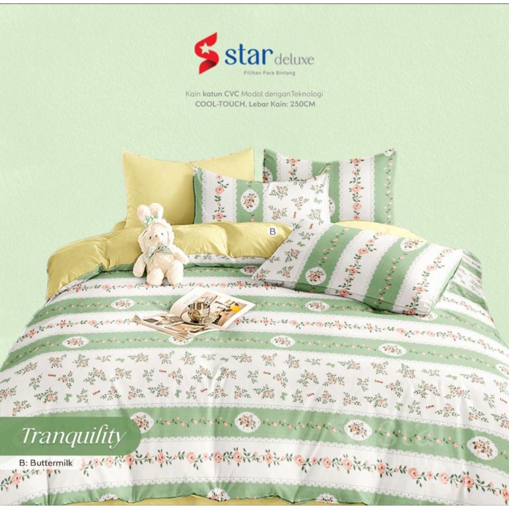 Sprei Katun Lokal Premium / Sprei Motif Tranquility warna putih hijau / Sprei Katun Star / Sprei bun