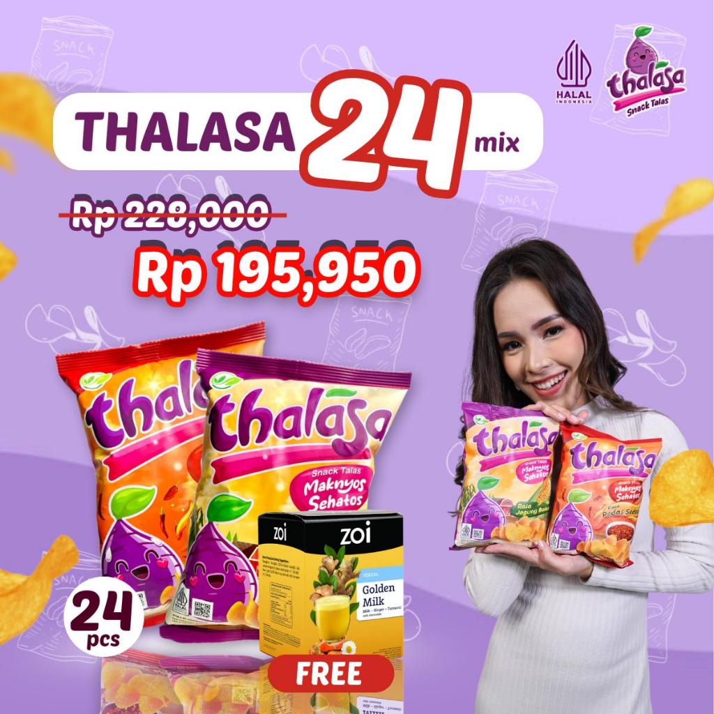 

[Thalasa Snack X Lady Nayoan] Bundle 24 Mix FREE 1 Box Zoi Golden Milk - Snack Thalasa 55gr Keripik Ubi Talas