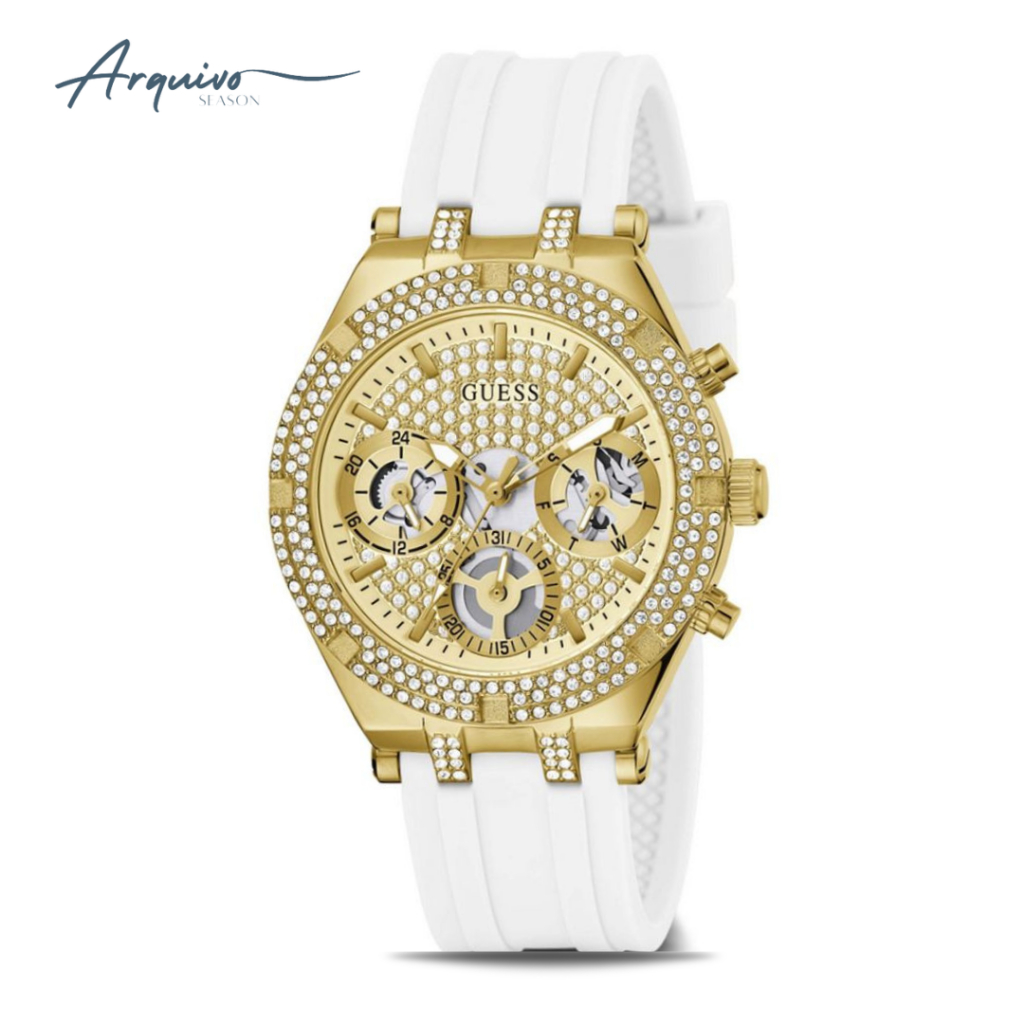 Jam Tangan Guess Wanita Heiress Chronograph Gold Glitz Dial White Rubber Mewah Casual Original GW040