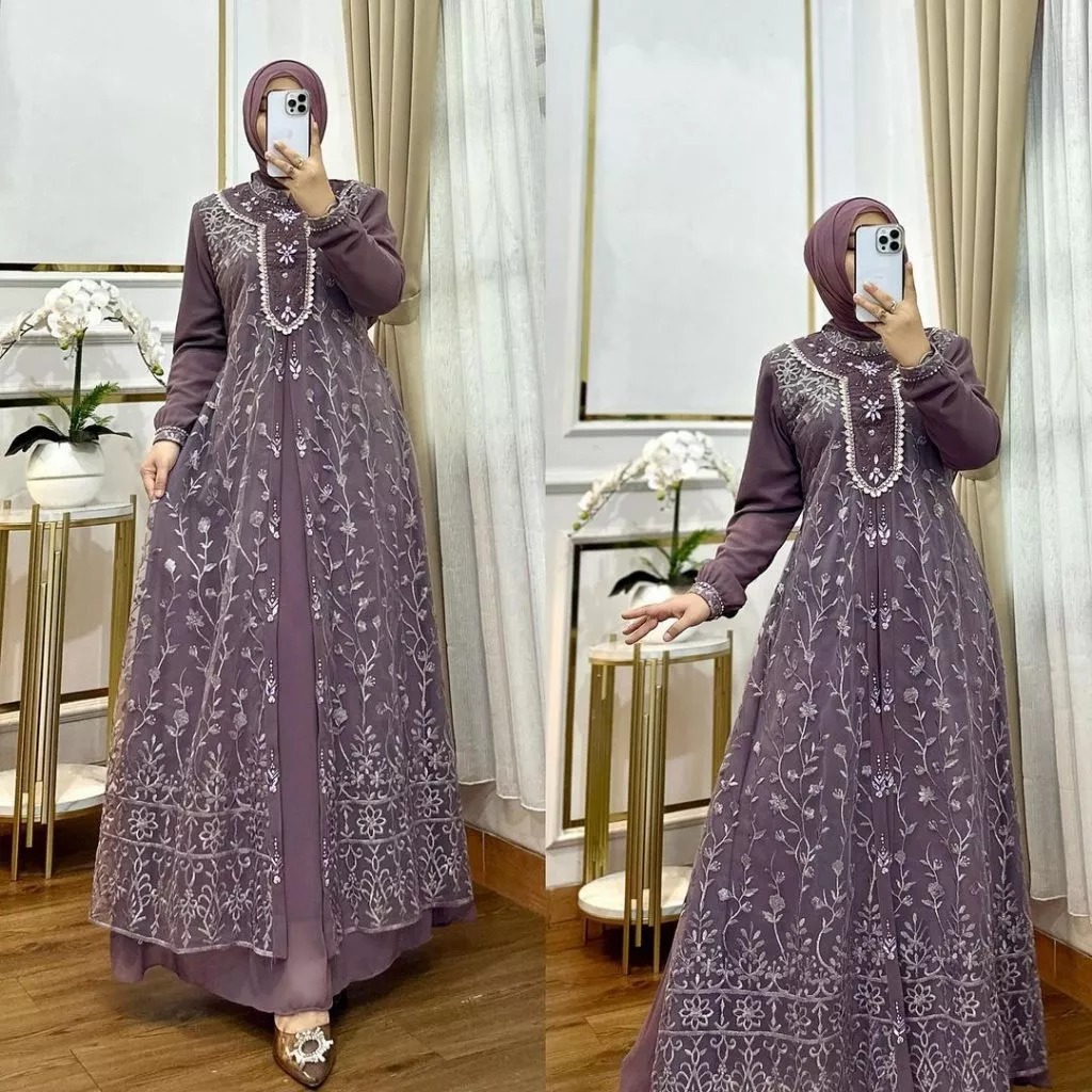 Gamis Wanita Maudy Dress BO Bahan Ceruty Baby Doll Mix Brukat Garden Aplikasi Mutiara Payet Swarovsk