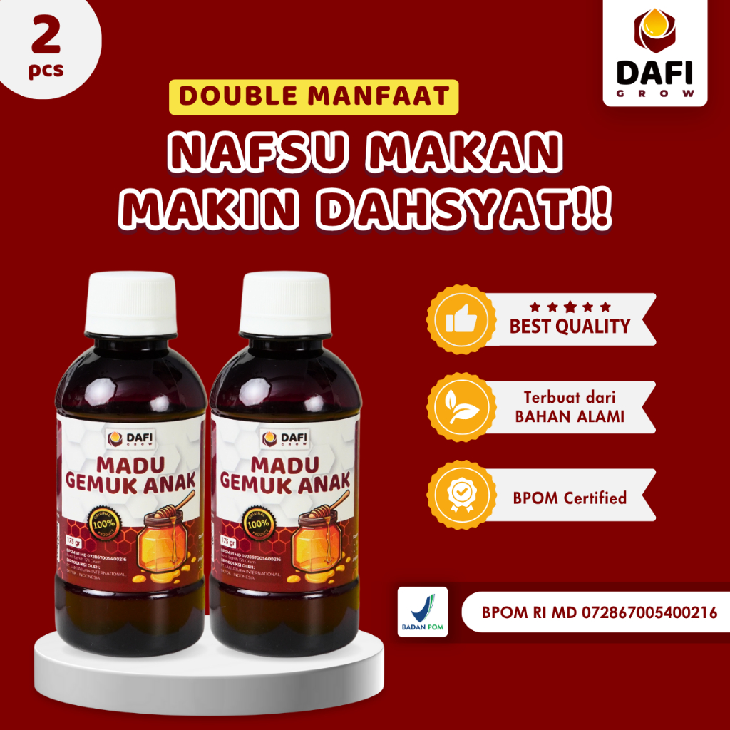 

DAFI GROW + FREE GIFT - Madu Vitamin Gemuk Anak Usia 2 Tahun ke Atas, Rasa Alami Penambah Nafsu Makan, Ideal untuk Anak Susah Makan, Isi 175 gr, Bisa COD