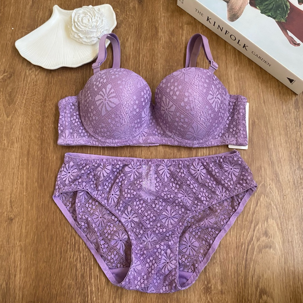 PIERRE CARDIN SET BRA + PANTY BRA HALF CUP SET BUSA TIPIS RATA BERKAWAT FULL LACE SIZE 32B 34B B70 B
