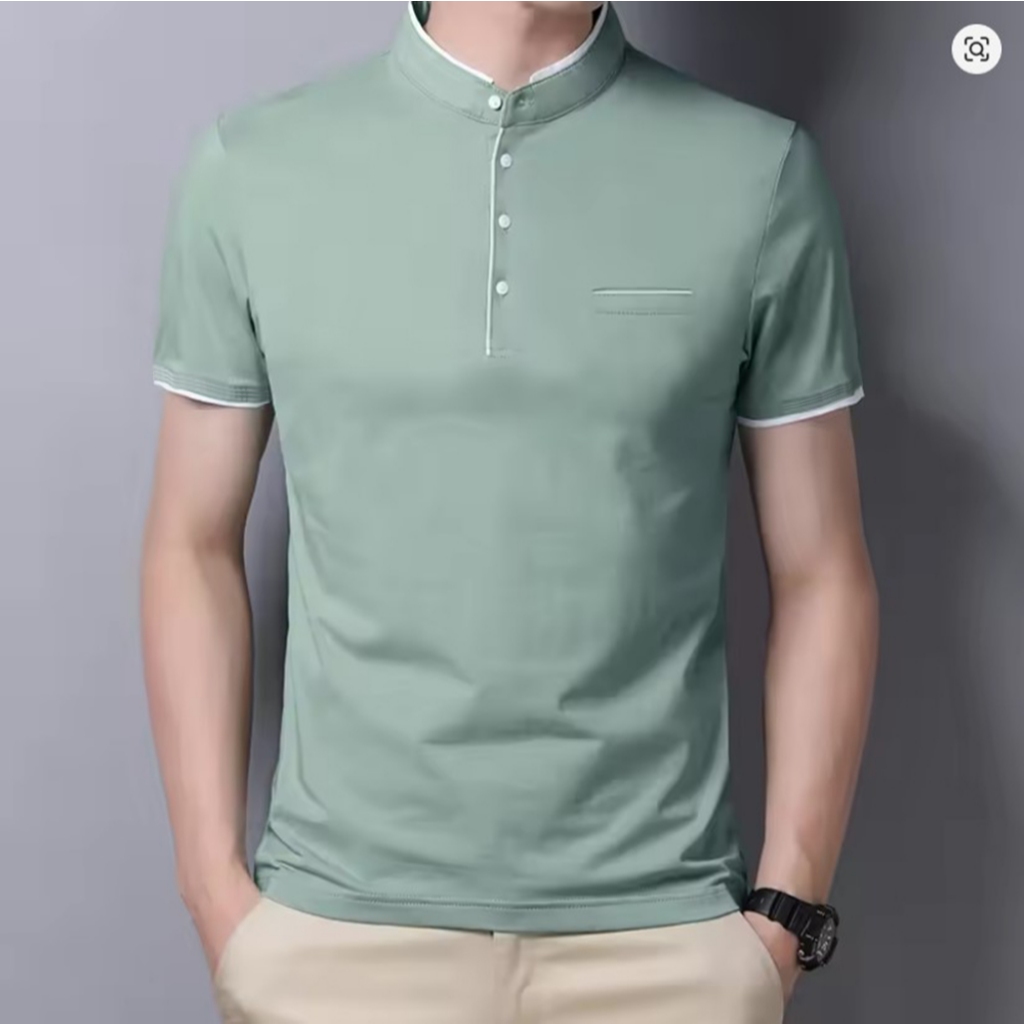 Kaos Kerah Mandarin Kancing Keren Terbaru Model Kantong/Saku Samping Aktif DYRGO Hijau Polos Baju Ka