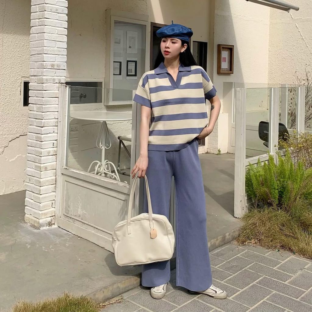 Minjoo Knit Set Loose Collar Top n Long Pants