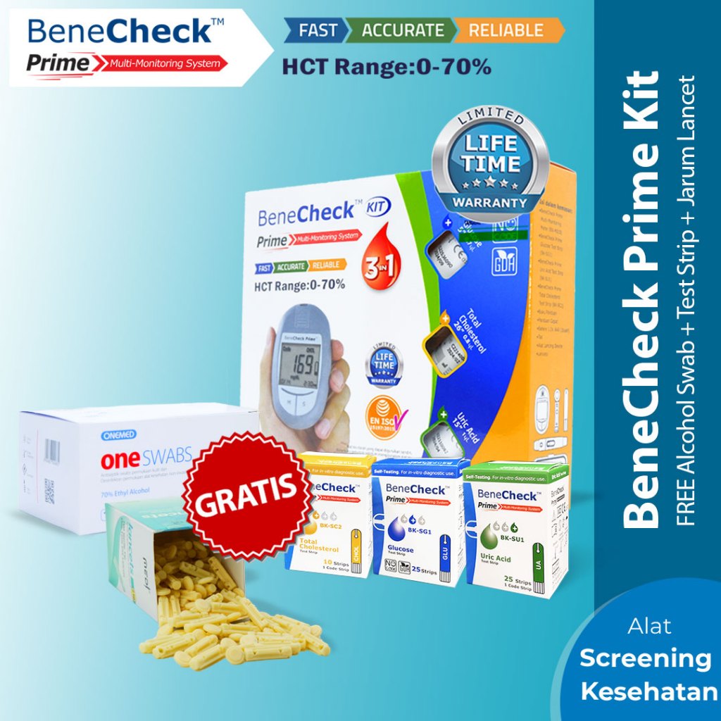 Benecheck Prime Kit GRATIS 3 Test Strip+Alcohol Swab+Jarum Lancet