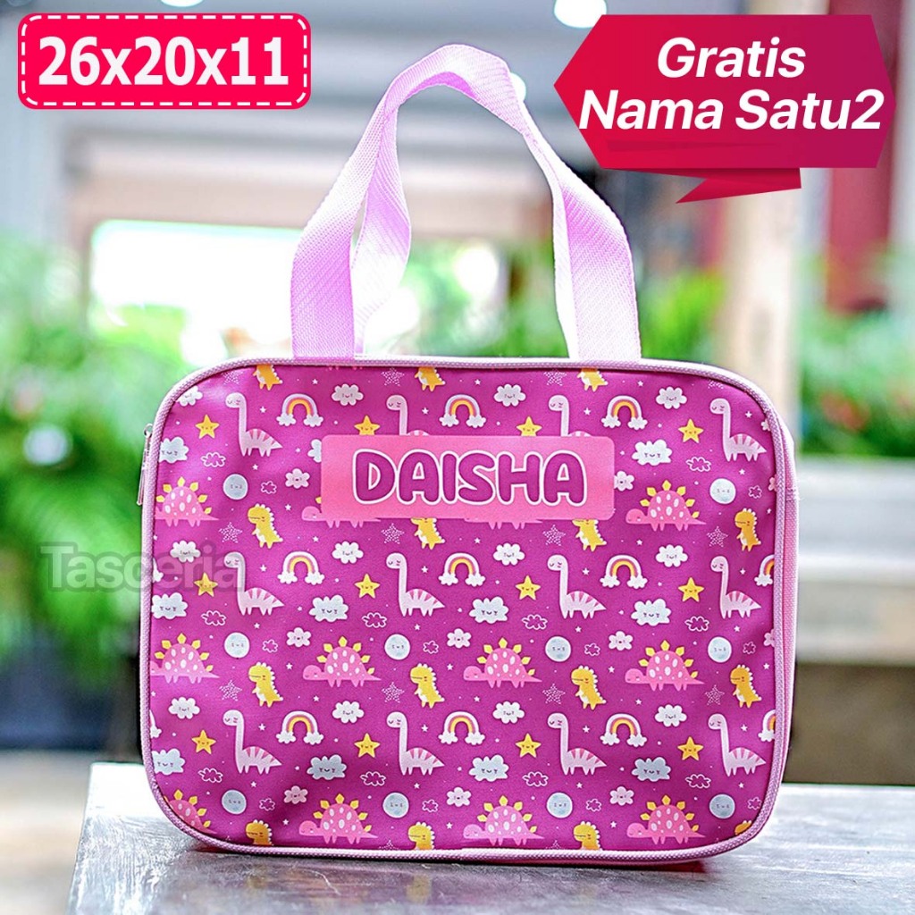 

Tas Souvenir Ulang Tahun Anak Premium Dino Pink Custom Nama