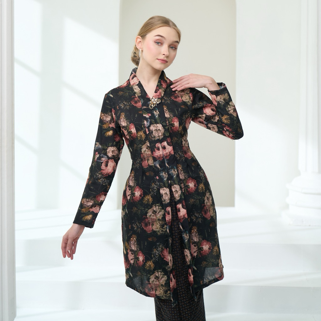 Kebaya Kartini Tunik Bunga Hitam/ Seragam Manten Jumbo Bigsize Ld 130 140/ Kebaya Jadul Klasik