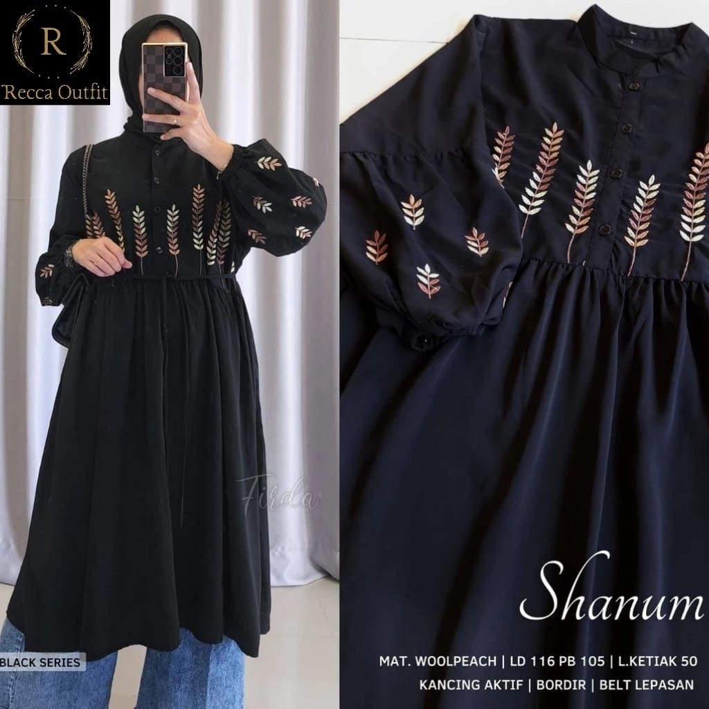 SHANHM TUNIK WANITA HITAM PUTIH BAHAN KATUN PREMIUM KOMBINASI BORDIR