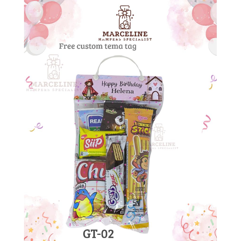 

hampers ulangtahun ulang tahun anak, bingkisan snack hampers ultah anak free design tag.