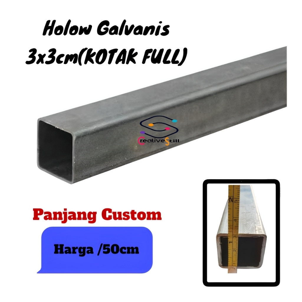 Besi Hollow Galvanis 3x3 Cm KOTAK FULL Tebal 1,8mm Besi Kotak 50-200cm