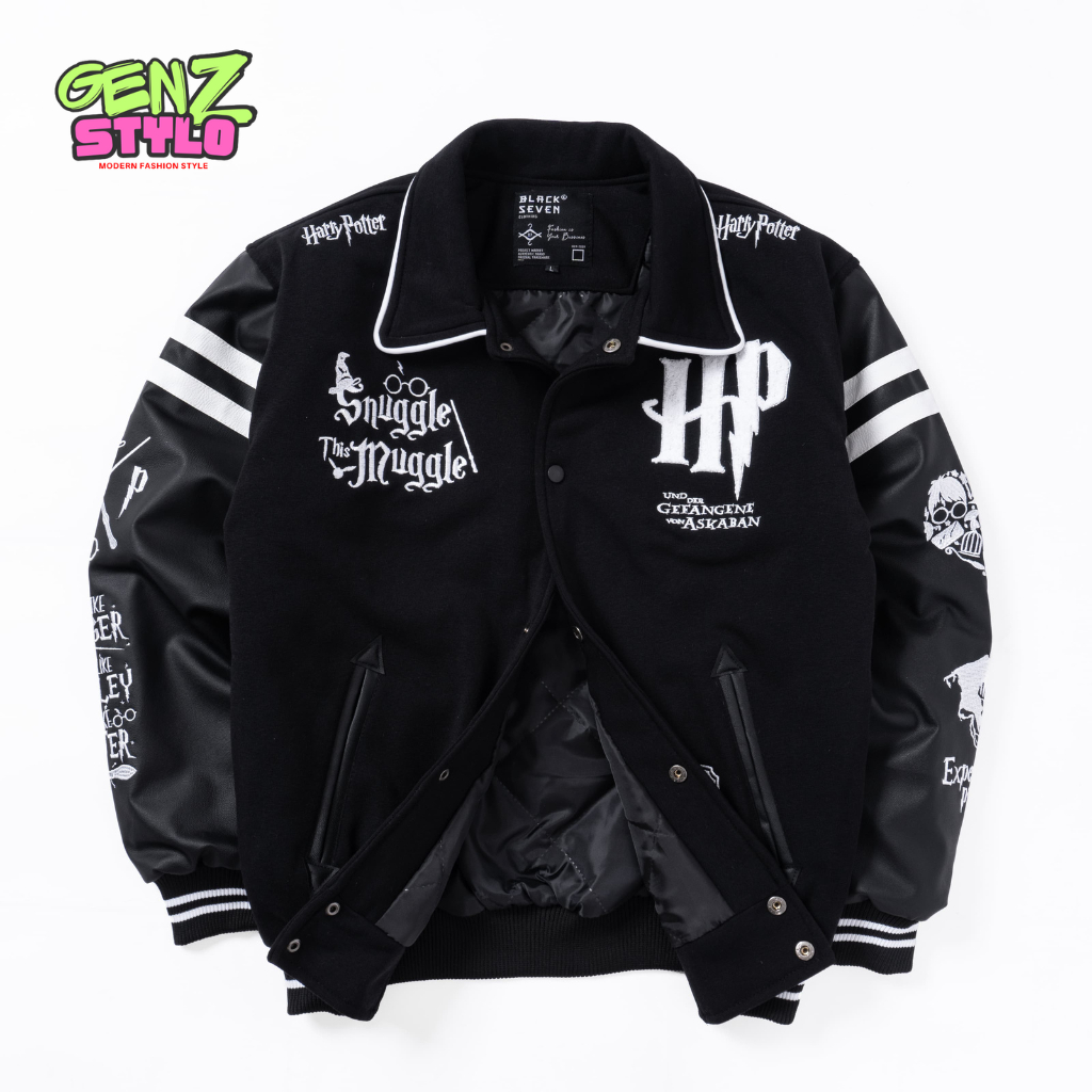 Jaket Varsity Hogwarts Black | Jaket Baseball Harry Potter Unisex Pria Wanita Ukuran M