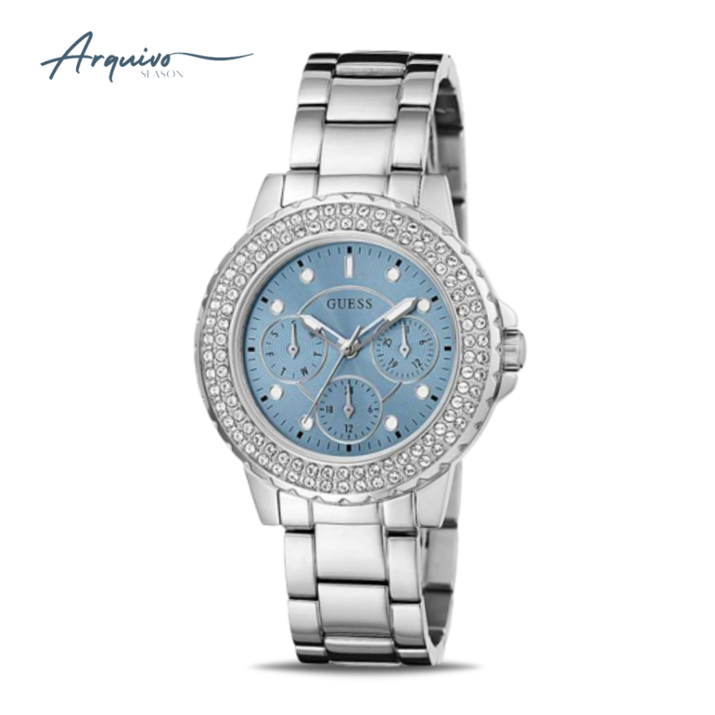 Jam Tangan Wanita Guess Crown Chronograph Stainless Steel Silver Mewah Original GW0410L1