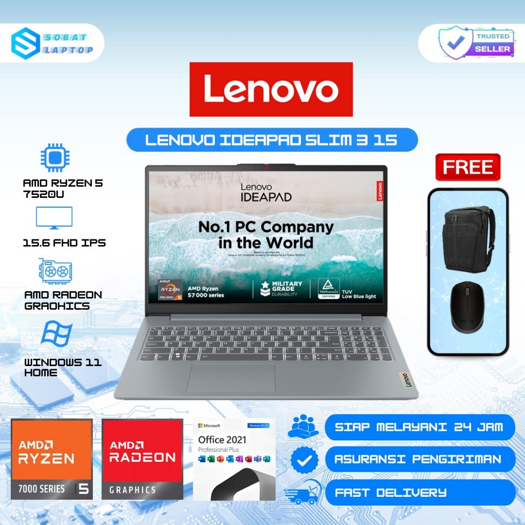 Lenovo Ideapad Slim 3 15 Amd Ryzen 5 7520U 8GB DDR5 1TB SSD 15.6"  FHD IPS Windows 11 Home