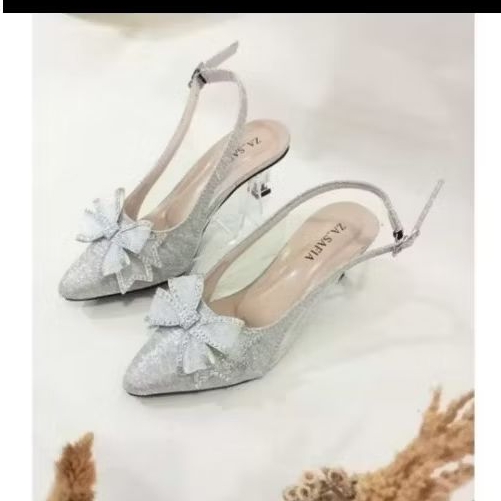 Sepatu heels kaca wanita Glitter pita