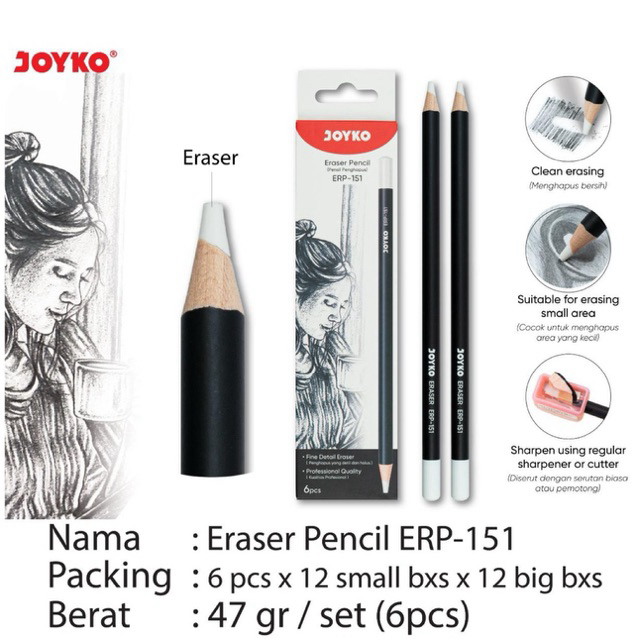 

( 1 pack isi 6 pcs ) Joyko Eraser Pensil ERP-151 / Penghapus Pena / Correction product / Penghapus Bentuk Pensil / Pencil Shaped Eraser