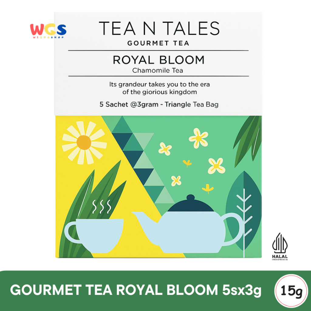 

Tea N Tales Gourmet Tea Royal Bloom 15gr (5x3gr) – Teh Segitiga Chamomile, Pandan & Teh Hijau Tenang