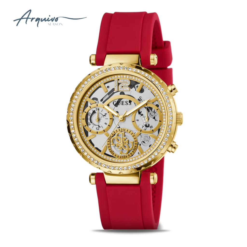 Jam Tangan Guess Wanita Solstice Chronograph Red Rubber Gold Dial Mewah Casual Original GW0484L1