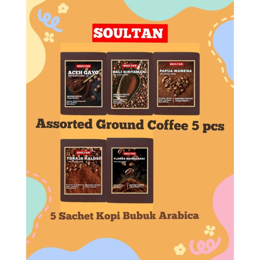 

Assorted Ground Coffee isi 5 sachet kopi bubuk Arabica single origin sachet box 5 X 12 Gram