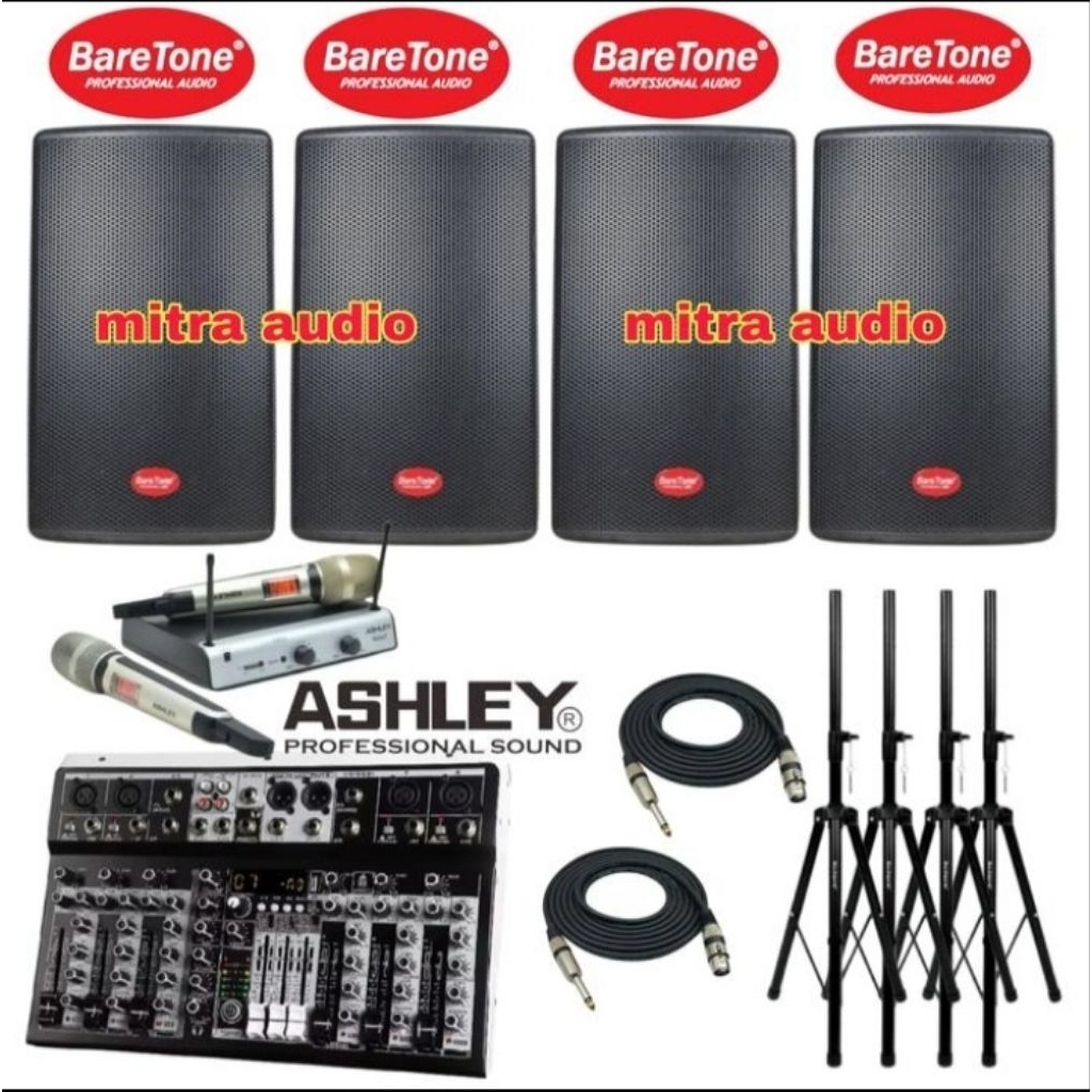 Paket sound system speaker aktif BARETONE 15 inch 500watt mixer ASHLEY 8 channe mic wireless ASHLEY