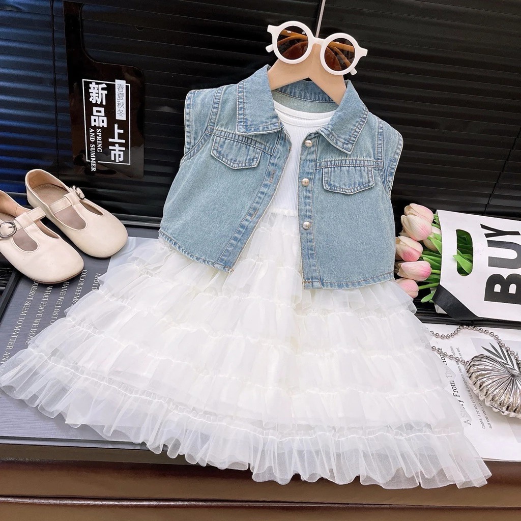 WEEWEE 3-10 tahun stelan 2 in 1 outer denim dress tutu layer fashion Viral Anak Perempuan Termurah s