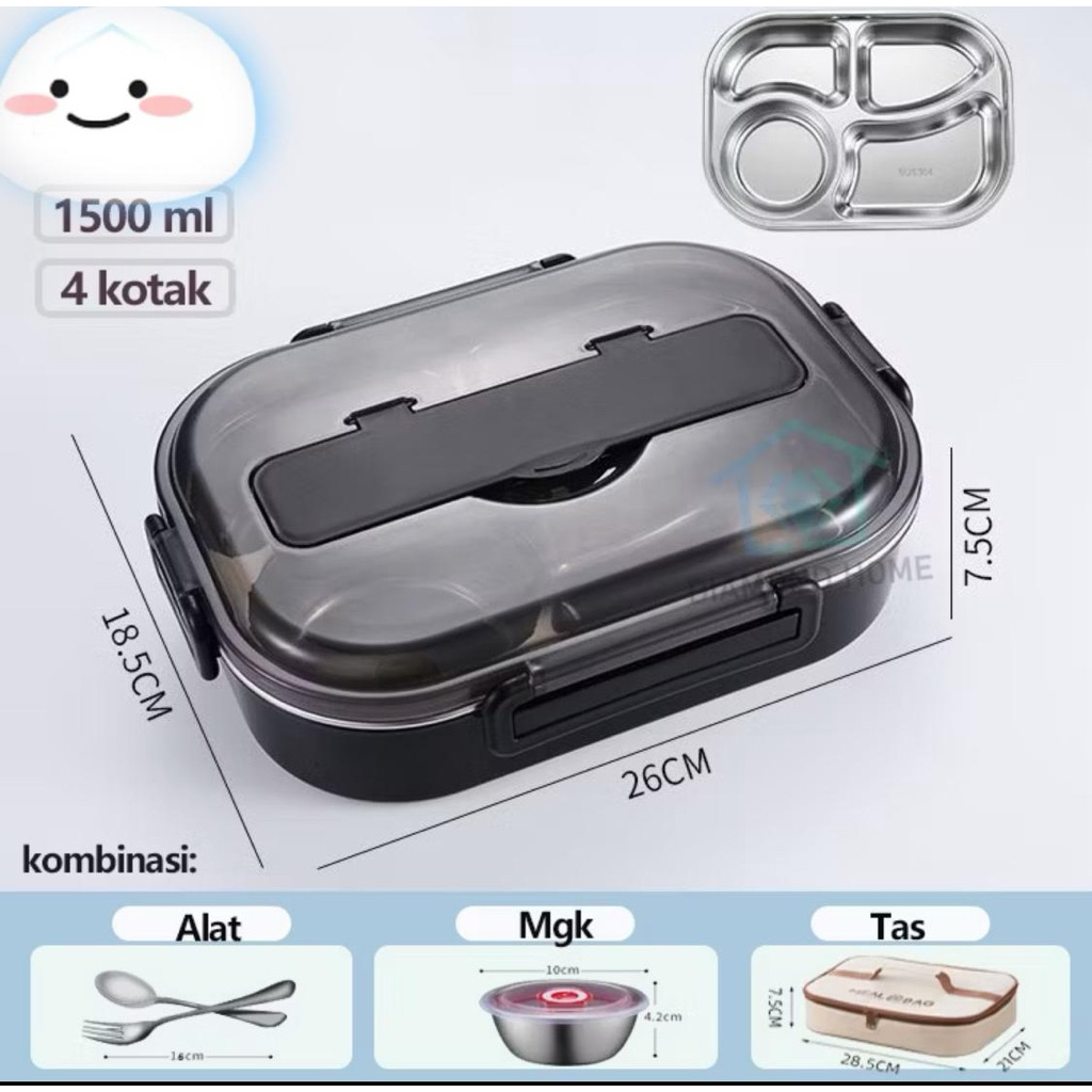 JS Lunch Box Stainless 1500ml Set Tas/Kotak Makan Stainless/Kotak Bekal