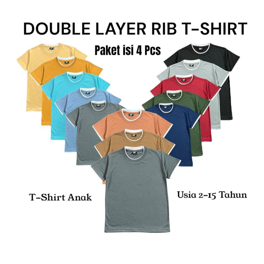 Paket Isi 4 Pcs T-Shirt Double Layer Rib Anak Usia 2-15 Tahun Baju Distro Polos bahan Adem Lembut