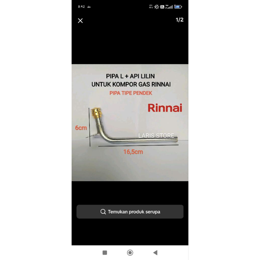 Rinnai Pipa L free Api Lilin Rinnai Free Burner Untuk Kompor Gas Rinnai Type 712 Panjang 16,5cm Diam
