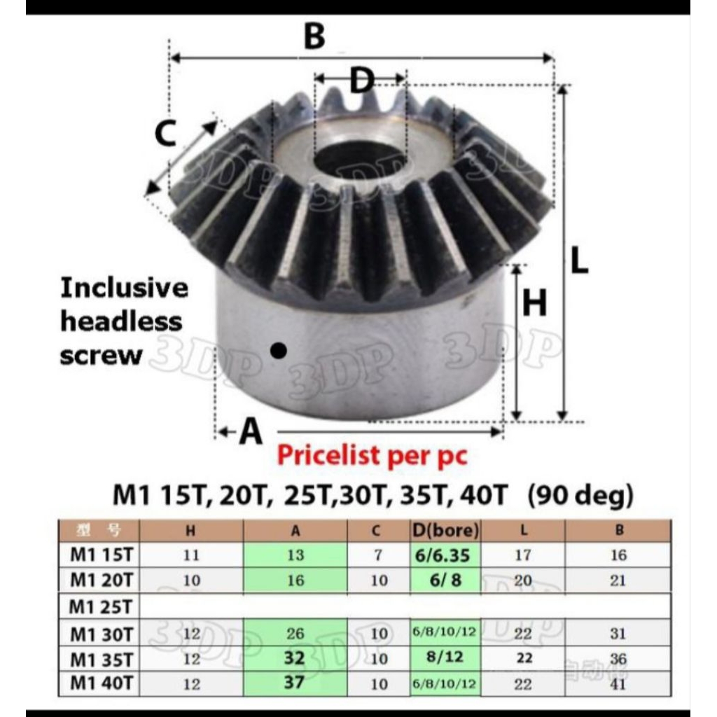 bevel gear M1 15T-40T 90 deg application