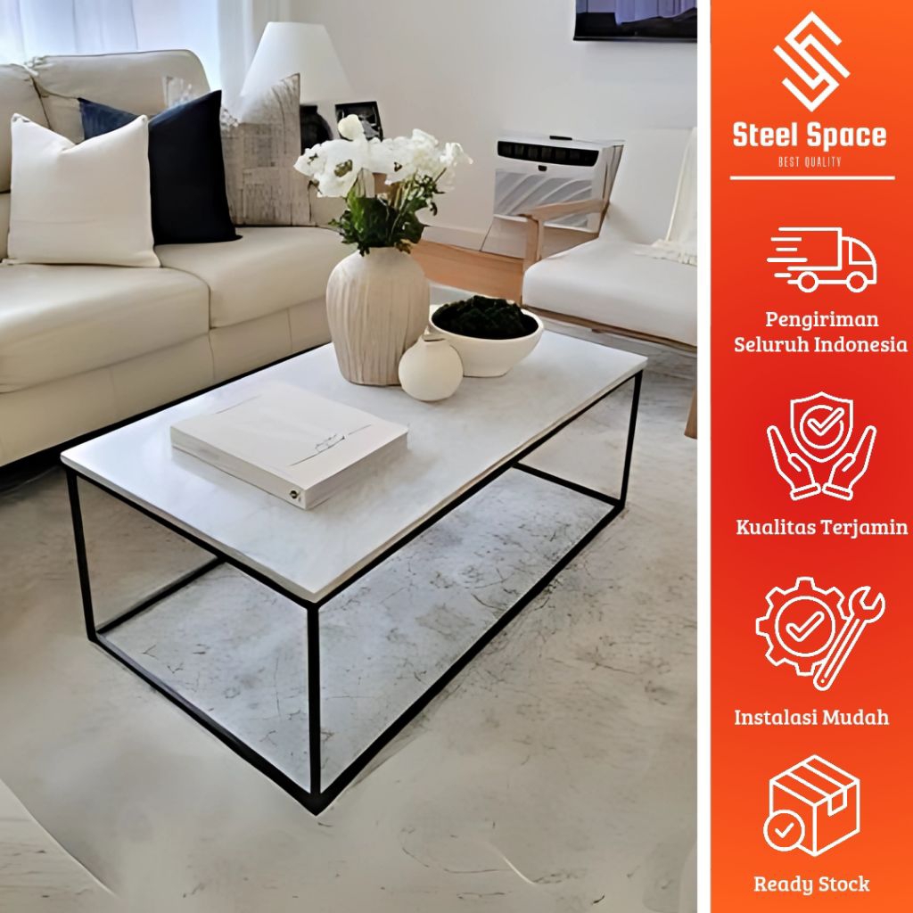 Meja tamu scandinavian/ meja tamu minimalis/ meja tamu motif marmer/ meja tamu kaki besi hitam