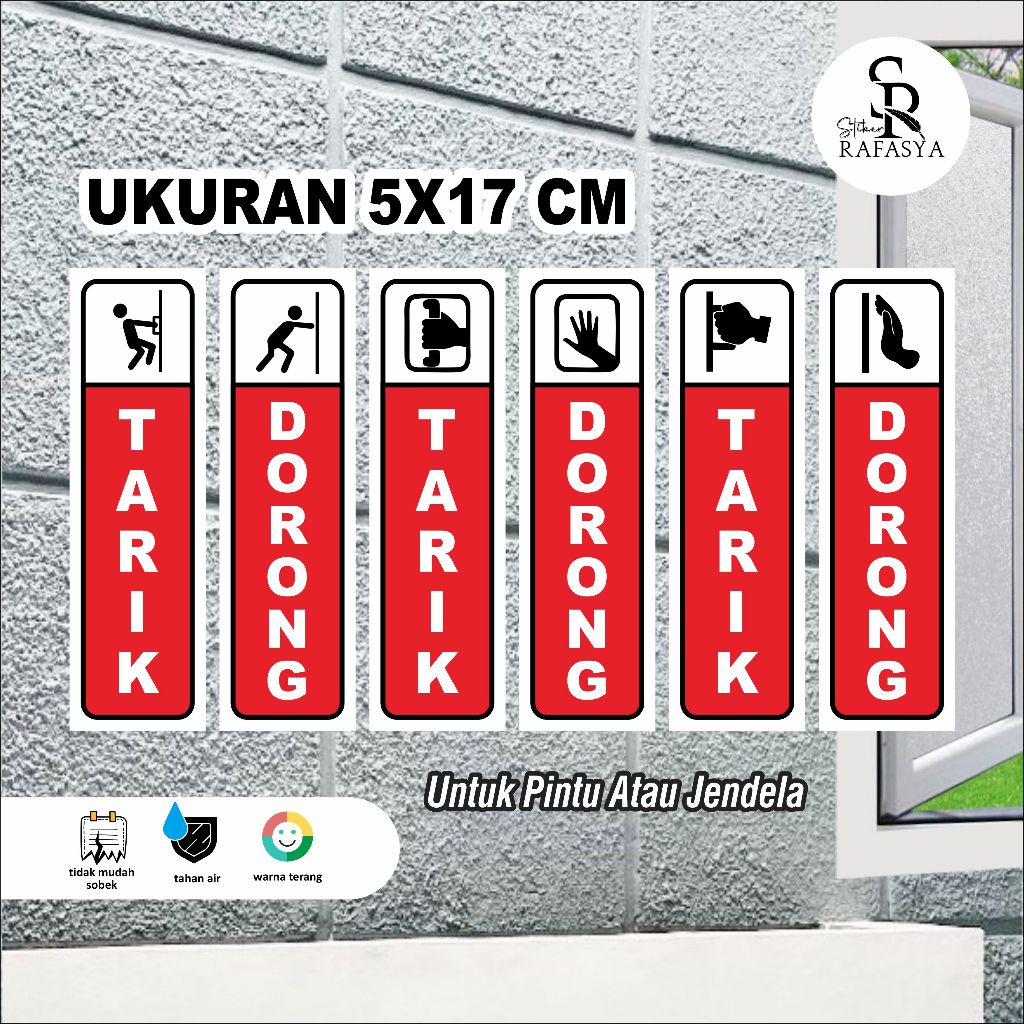 

set Stiker Tarik Dorong Merah / Stiker Pintu / Stiker Kaca Ukuran 5x17cm + Dilaminasi Glosy