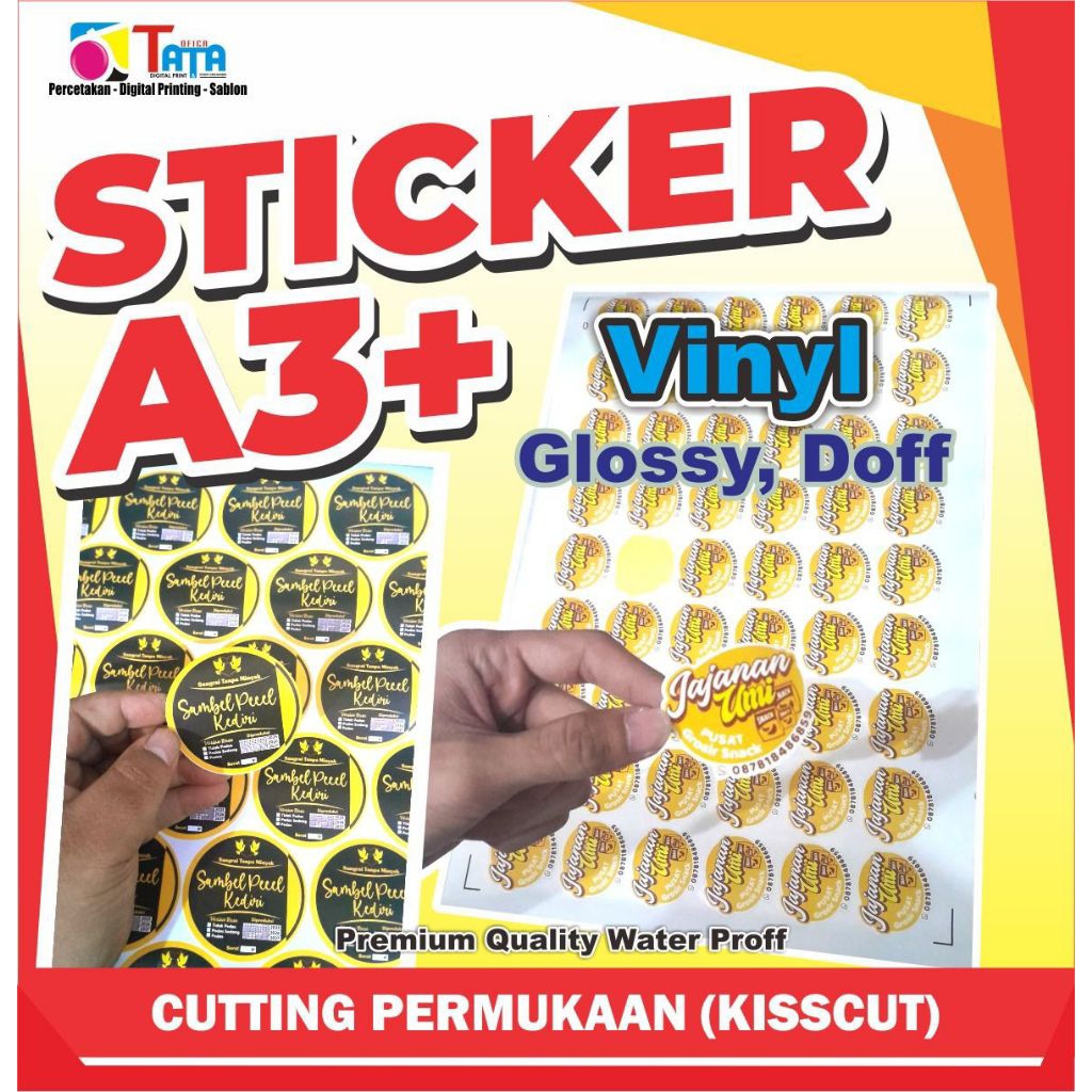 

Cetak Stiker A3+ Vinyl Doff /Glossy/ Stiker Cutting Kiss Cut / Sticker Custom MURAH / Label / logo / Kemasan Produk / Kualitas Premium Anti Air/ STIKER LABEL KEMASAN MAKANAN MINUMAN ONLINE SHOP MURAH