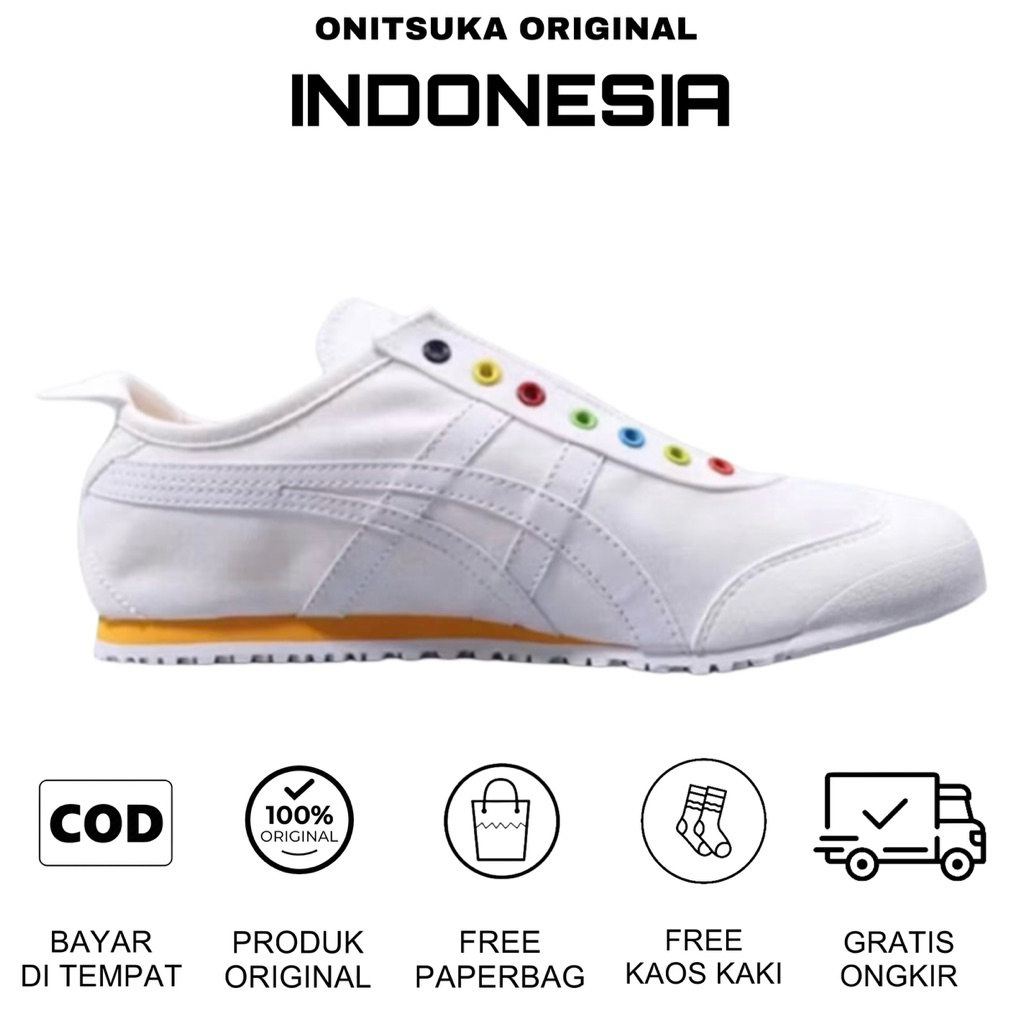 Sepatu Slip On Wanita Onitsuka Mexico 66 Original Slip on White Rainbow Yellow // Free Paperbag