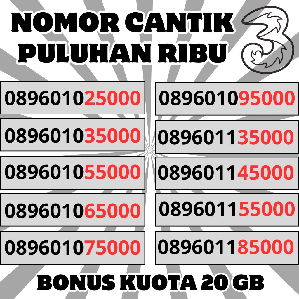 Nomor Cantik Tri Puluhan Ribu Rapi Kartu Perdana Cantik