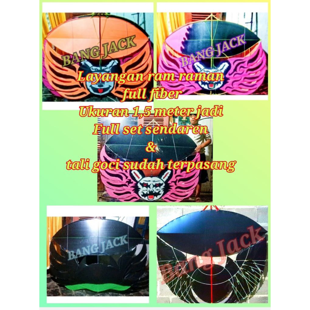layangan ram raman full fiber  uk 1.5 meter - sudah di sampul fullset sendaren - tali goci sudah ter