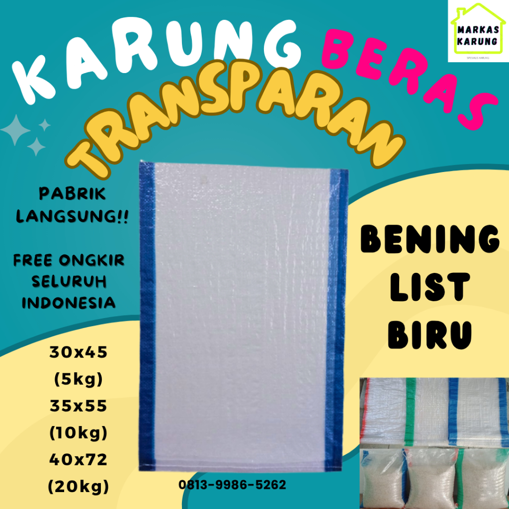 Karung Transparan List Biru Karung Bening Karung Beras Karung KUALITAS PREMIUM TOP 5kg 10kg 20kg 25k