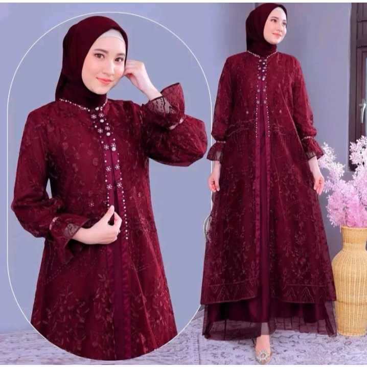 Gamis mewah pesta kondangan model baru elegan wanita muslim remaja brukat Lenata bunga kombinasi mut
