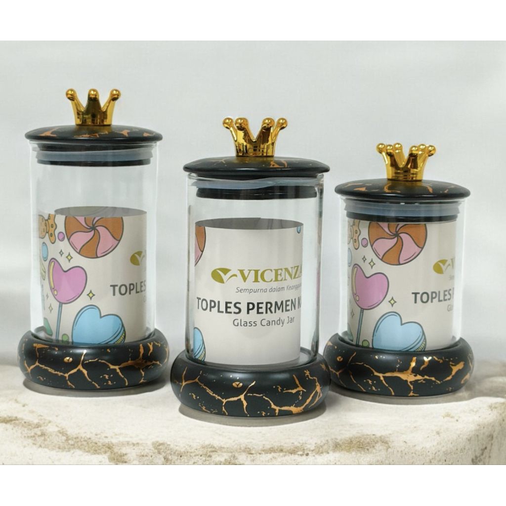 Toples Permen Kaca VICENZA 3 buah GM305 Hitam Marble, candy jar bermotif Marmer terdiri dari toples 